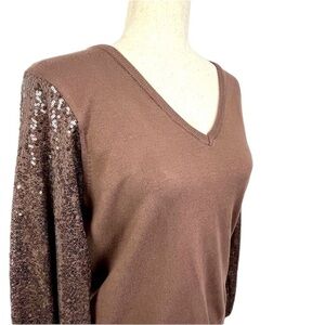 Adrianna Papell V-Neck Knit Sweater. Sequin Puff Sleeves. Brown Size M #606. NWT